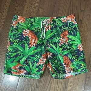 Ralph Lauren Navy Swim Trunks with Green Tropical Leaves & Orange Tiger Print